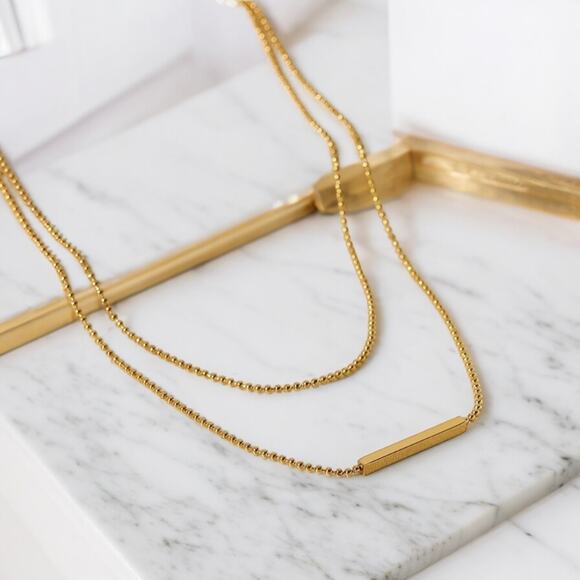 NEW 18 karat yellow gold plated double layer bead chain bar necklace jewelry B26 - Picture 1 of 3